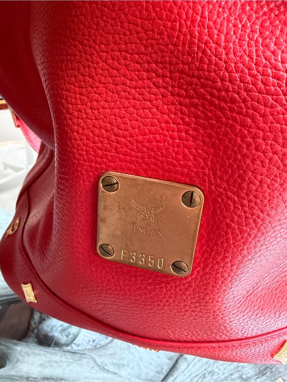 MCM Red Leather Drawstring Bucket Crossbody Bag Gold Hardware EUC Dust bag - Picture 3 of 15